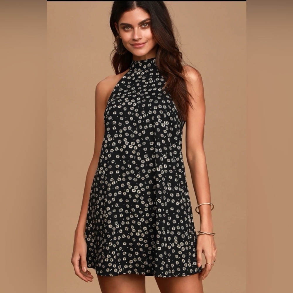 LULUS Darling Dearest Black Floral Print Swing Dress size S